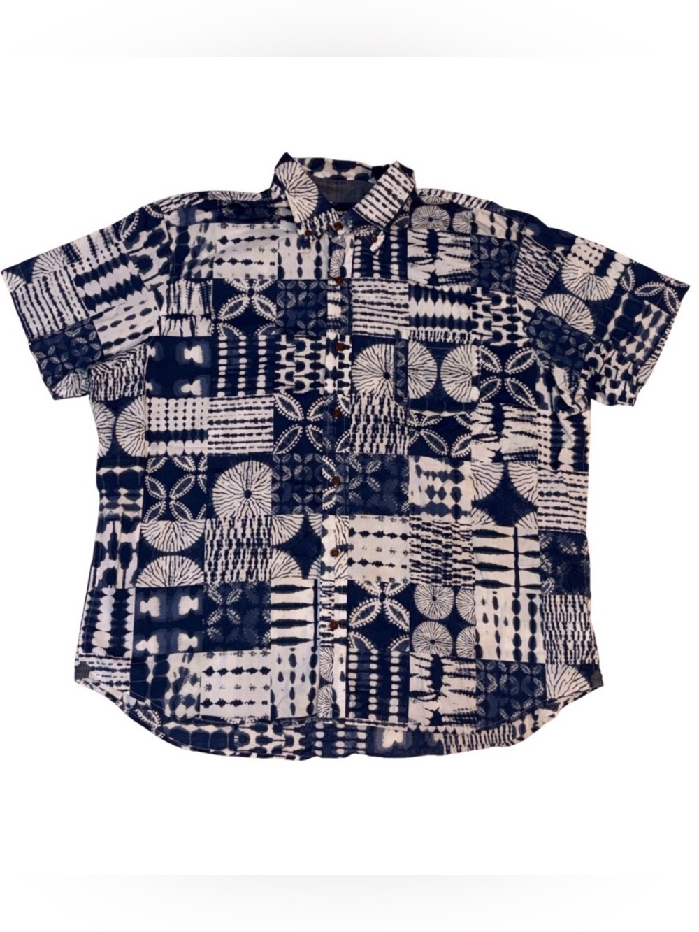Lands' End Indigo Blue Shibori Patchwork Short Sleeve Shirt XXL
